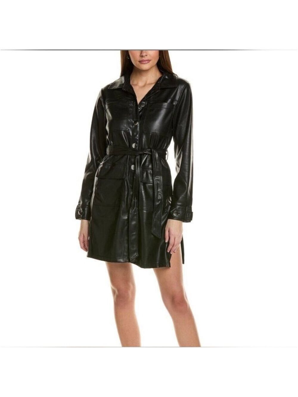 Women's ADRIENNE LANDAU Black Faux Leather Long Sleeve Dress M